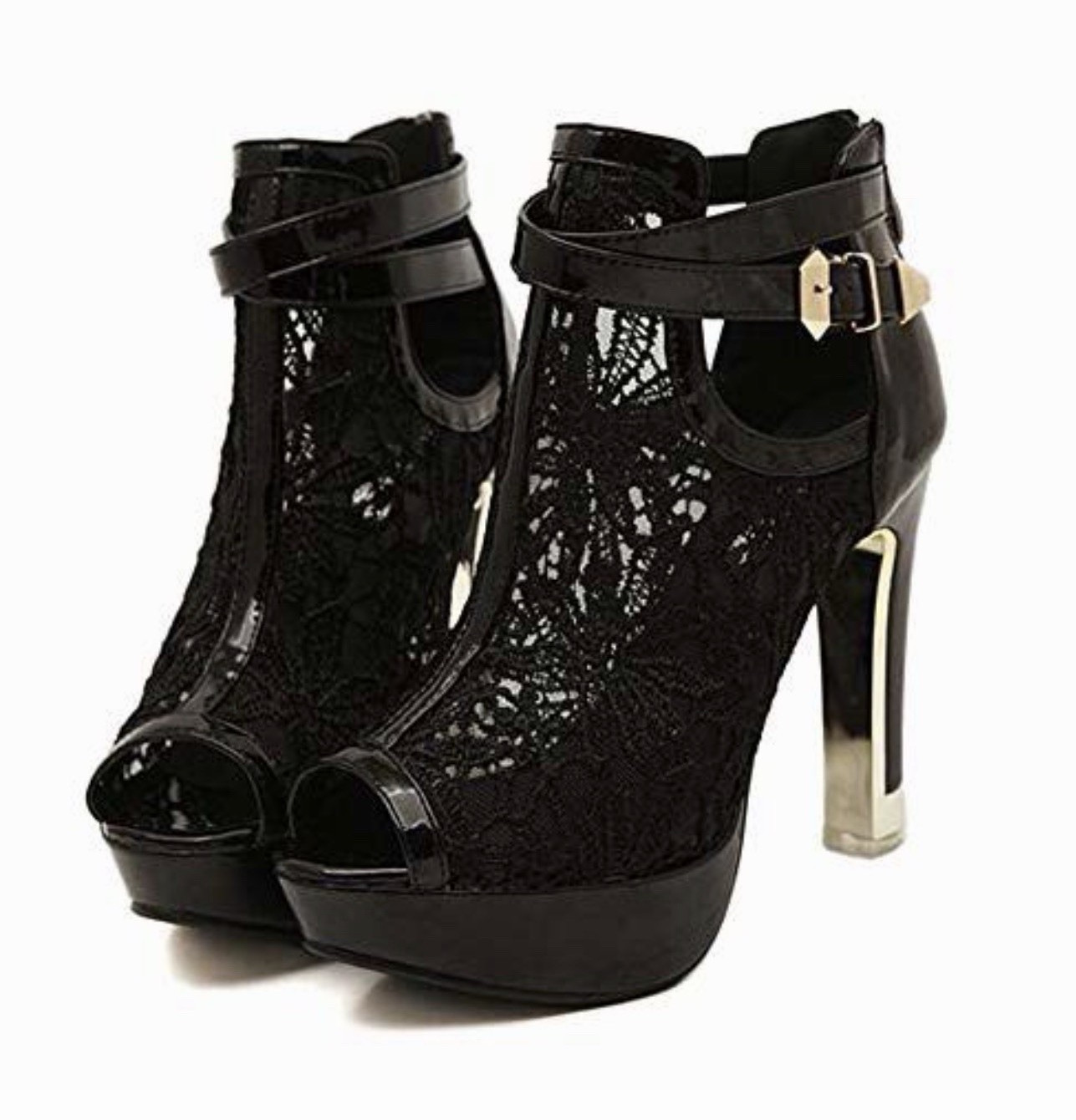 Women’s Black Lace Platform Open Toe Stiletto Heels Ankle Strap EU 39 US 8