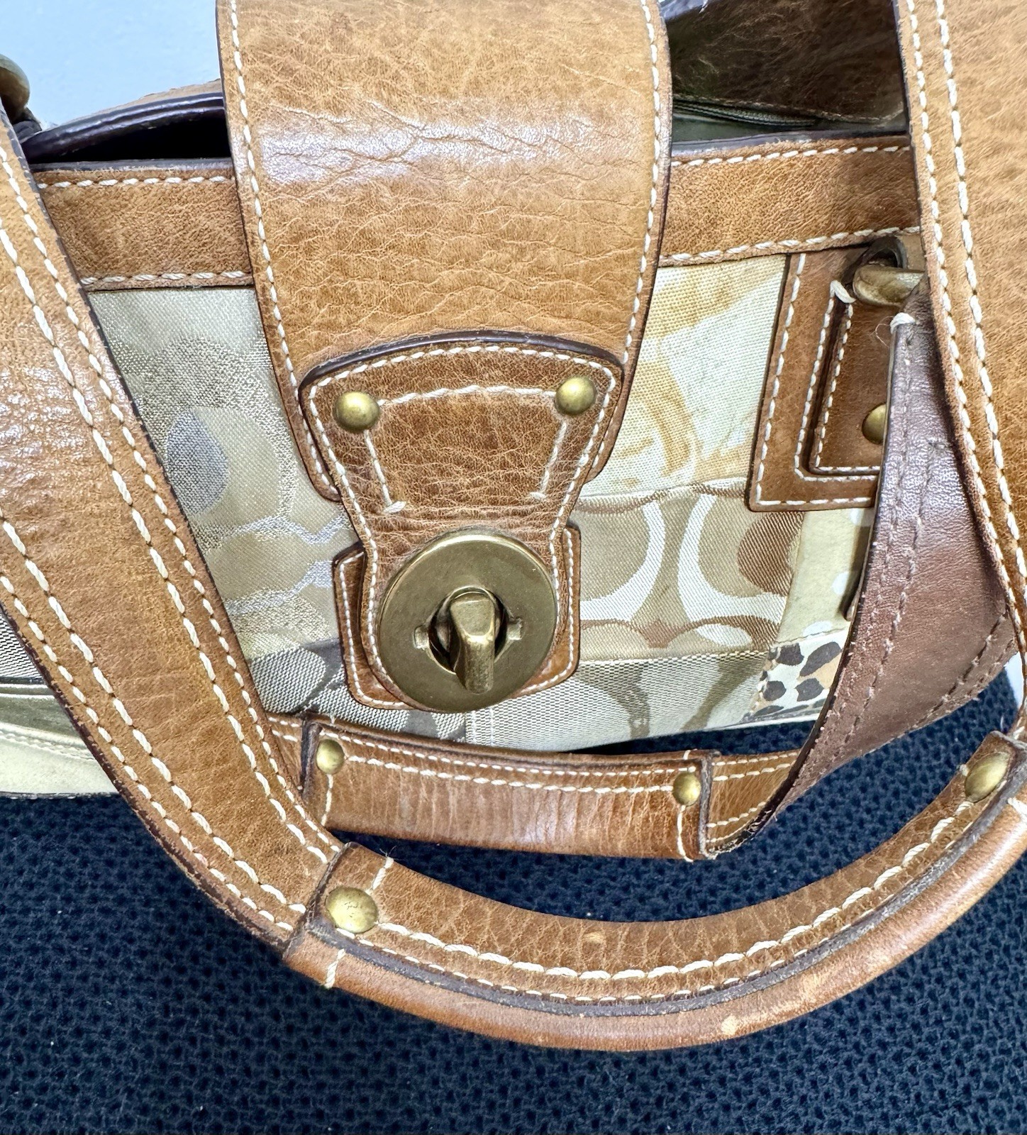 Coach Patchwork Signature C Turnlock Tote Bag Women’s Medium Beige Brown