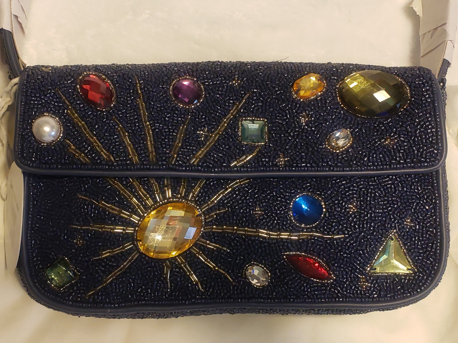 NEW! Staud Tommy Glass Bead Celestial Shoulder Bag In Navy Celestial NWT! Pouch!