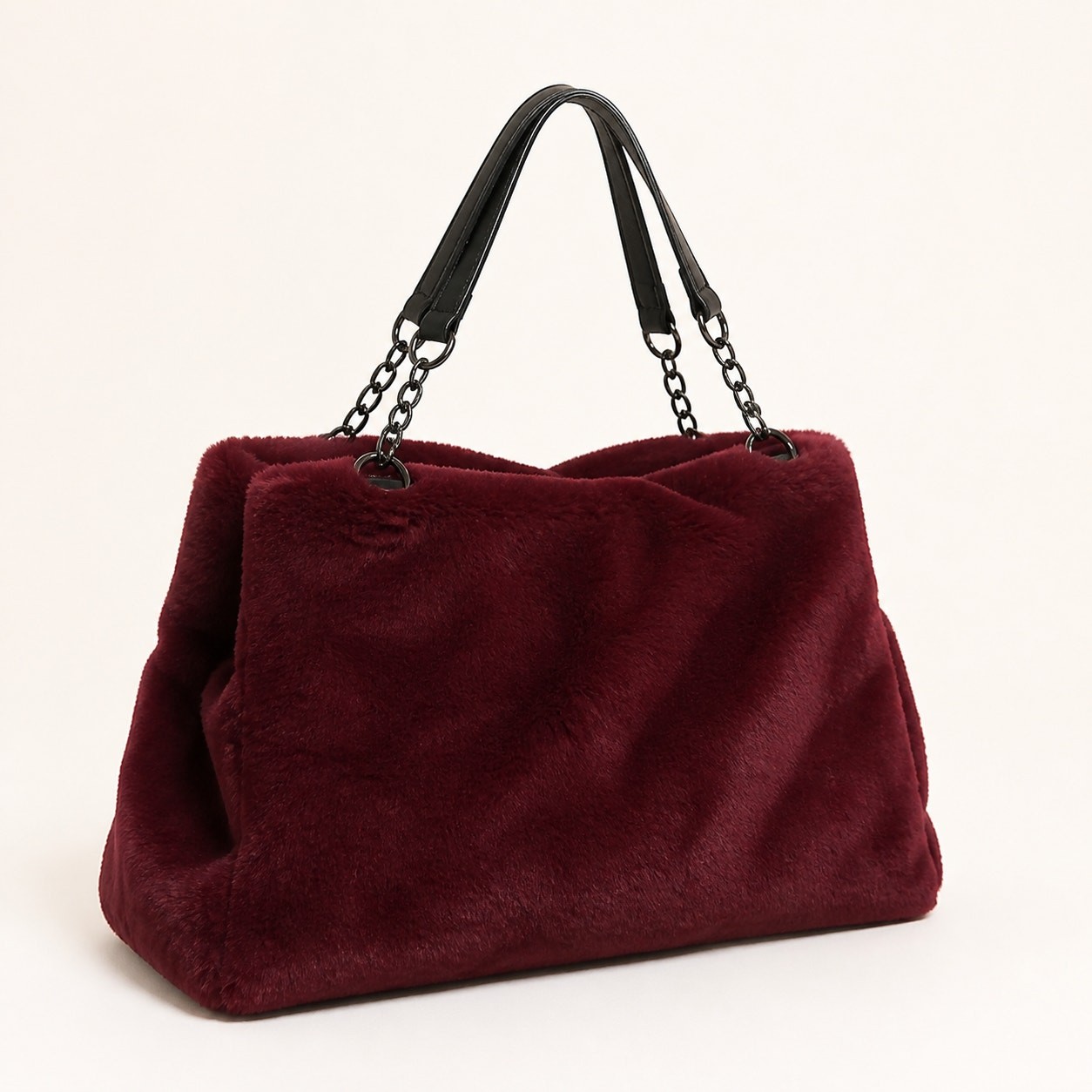 Y2K Burgundy Faux Fur Shoulder Bag Black Chain Strap Zip Handbag Purse