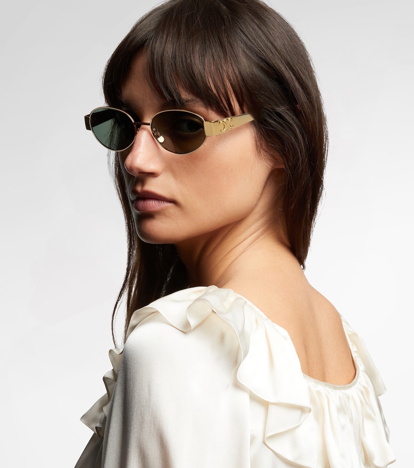 AUTHENTIC CELINE Triomphe Metal 01 Oversized Gold Metal Oval Sunglasses Green