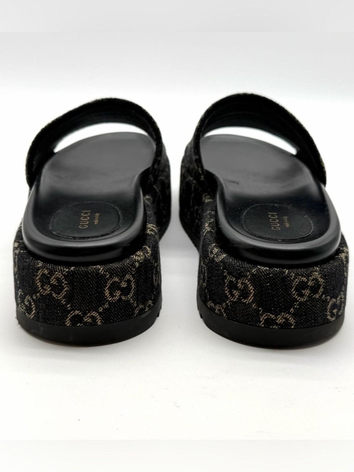 Gucci Angelina GG Monogram Platform in Black Denim Slide Sandals EU 39.5 US 9.5