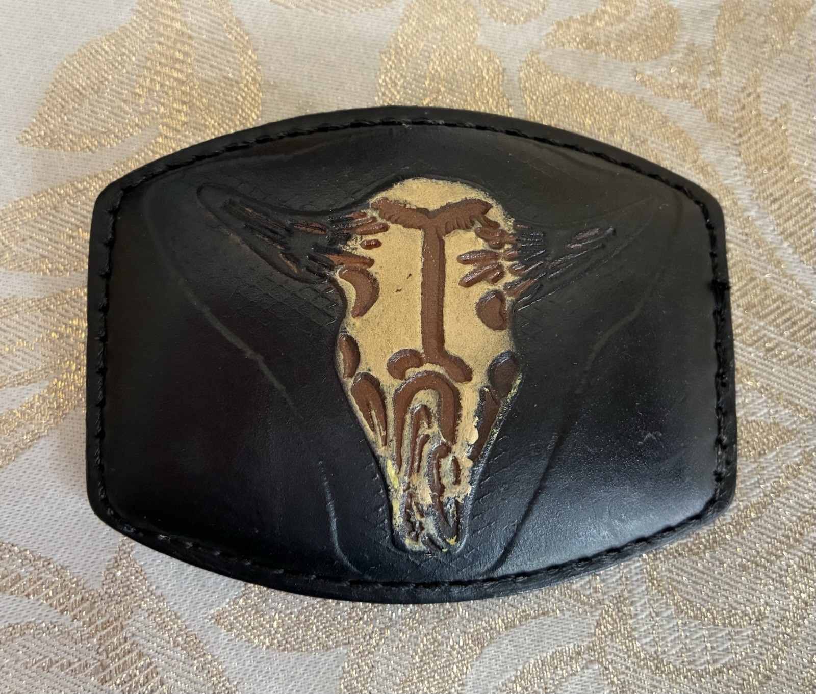 Vintage BARON Brass Longhorn Belt Buckle W/ sz 36 1.7” Leather Belt & 2nd Buckle