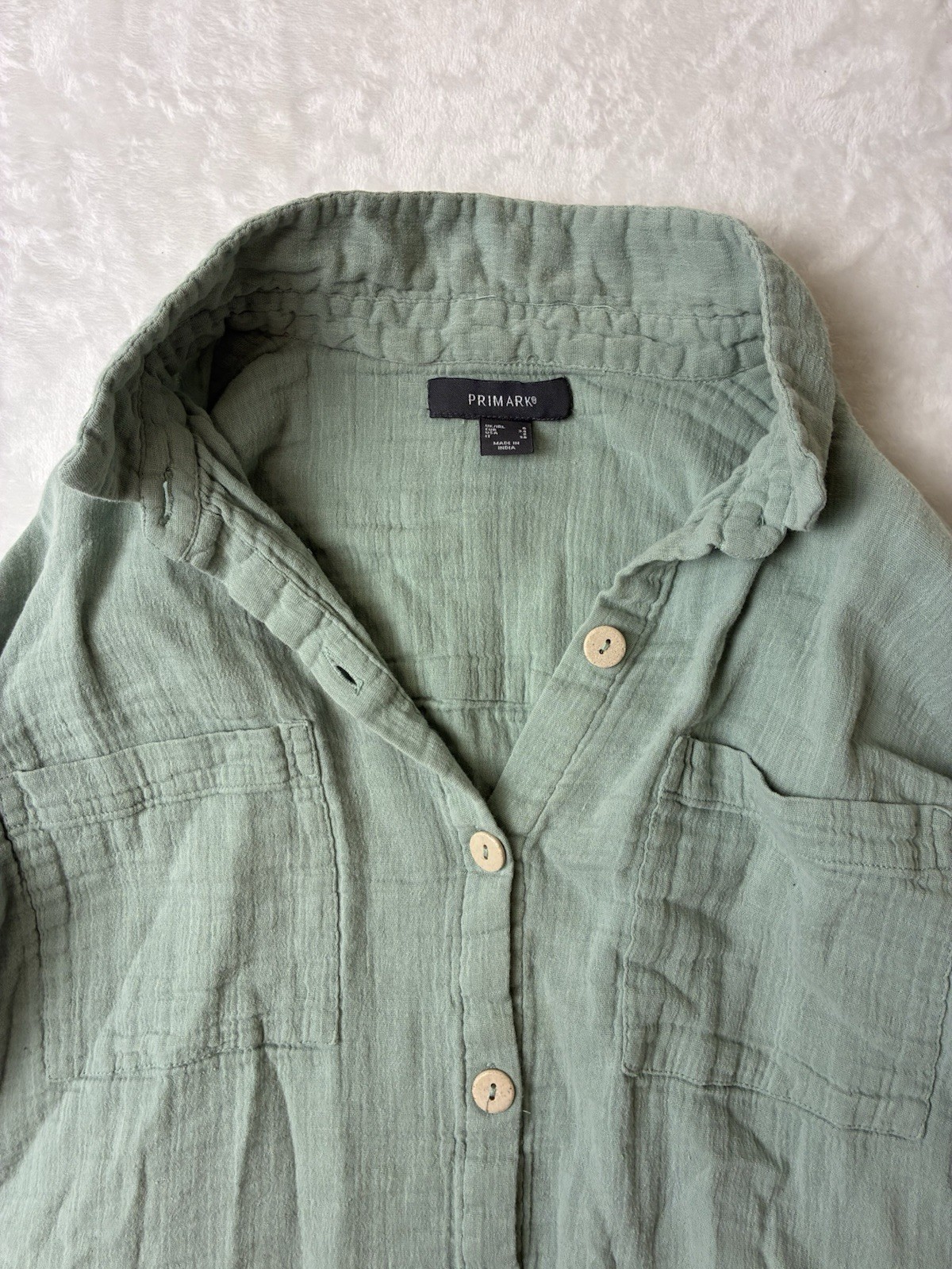 Primark Green 100% Cotton Muslin Collared Long Sleeve Button-Up Shirt Womens 2