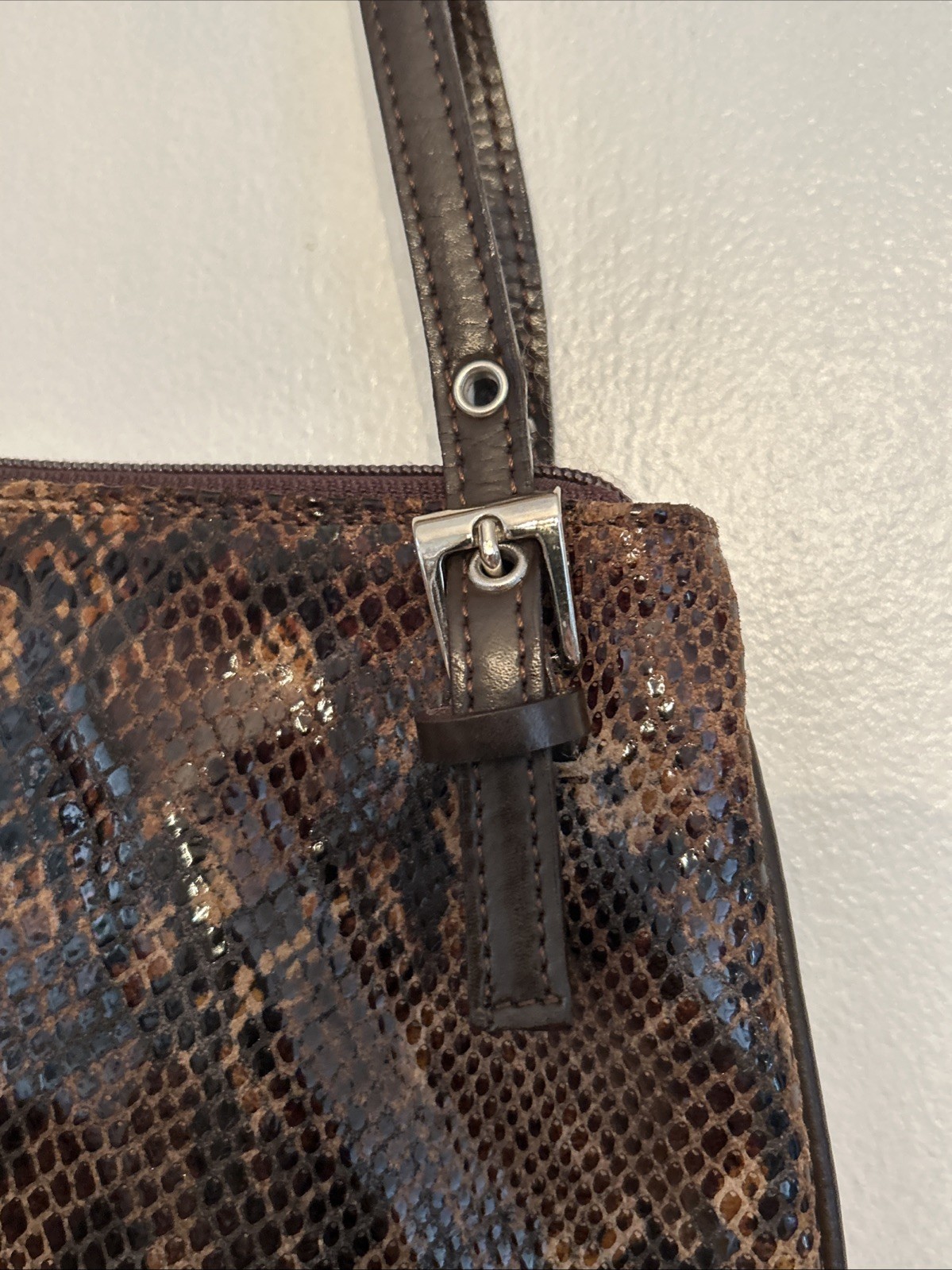 Vera Pelle Italy Brown Snakeskin Purse Leather DoubleHandle Shoulder Bag 10.25”W