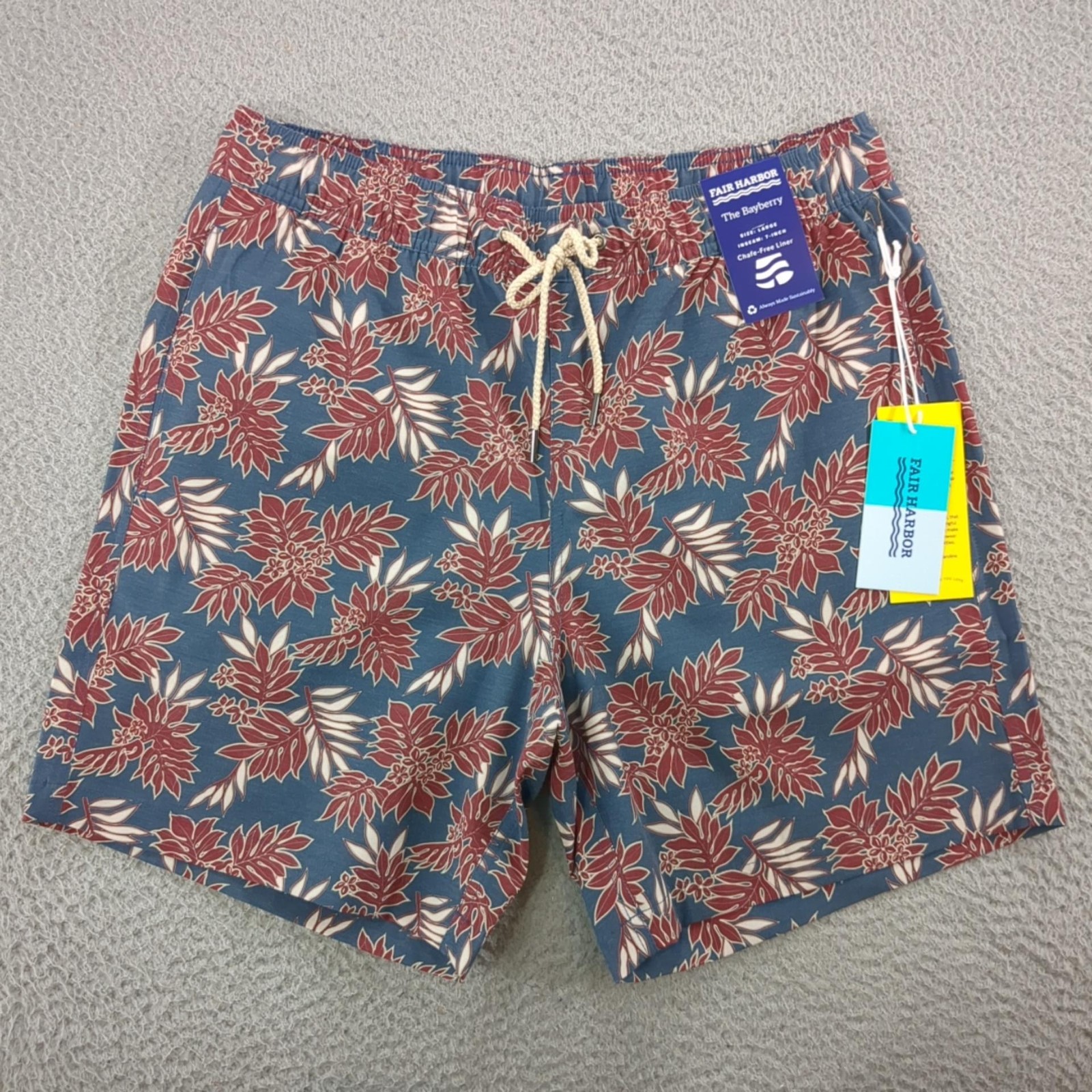 Fair Harbor Shorts Mens Large Blue Bayberry 7 Inch Swim Trunks Lined Drawstring