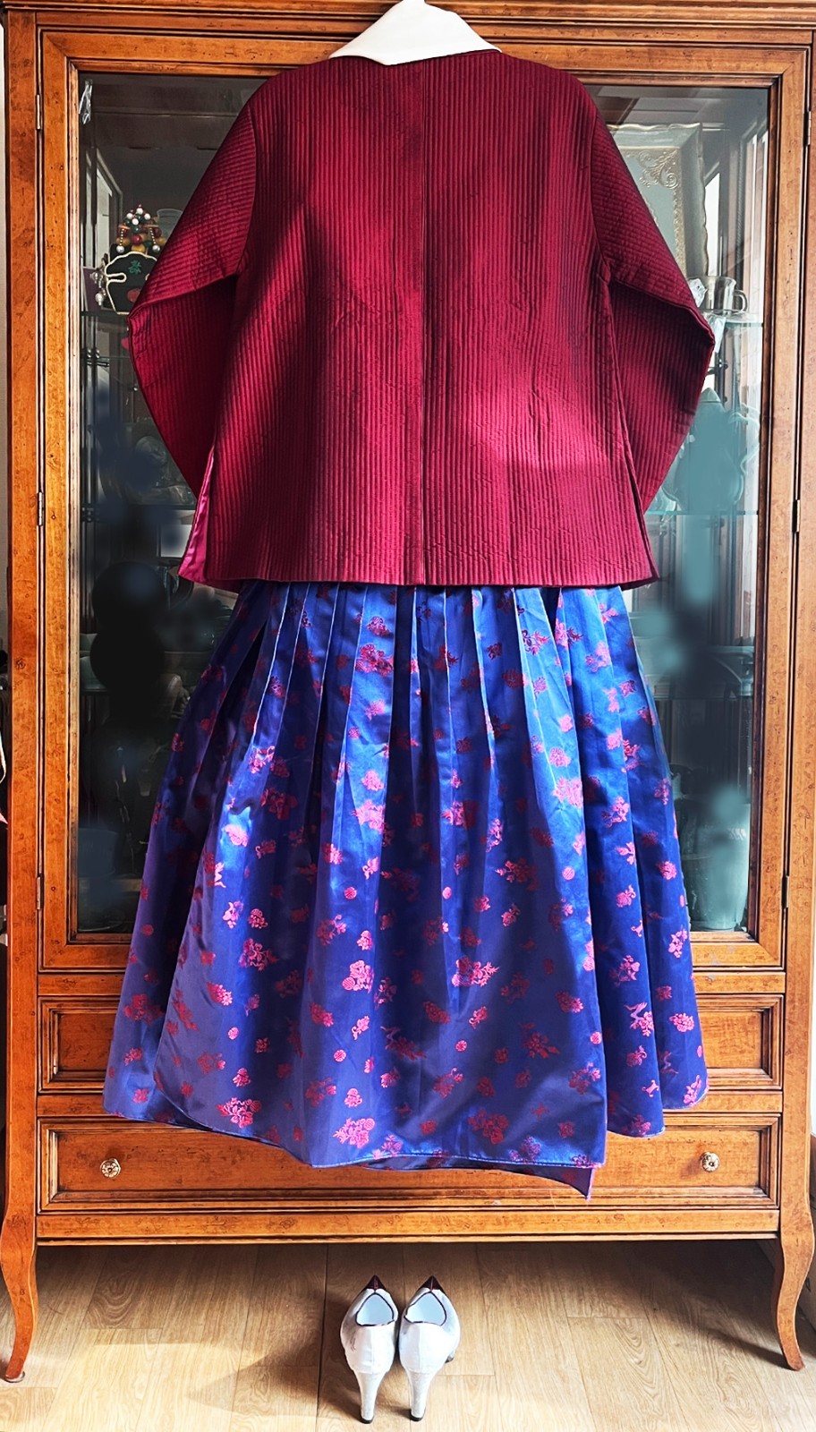 S-M Traditional Korean Modern Hanbok Set-Quilted Nubi Burgundy Top/ Pants /Scarf