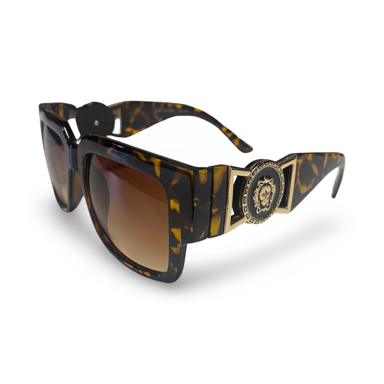 Sunglasses Flat Top Men Women Lion Head Gold Medallion Hip Hop Rapper Black Lens