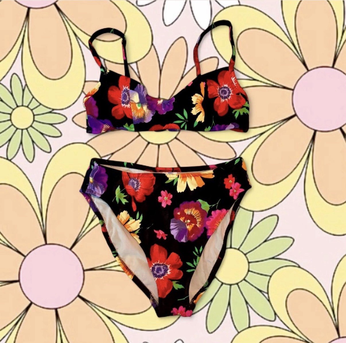 Vintage 1990s Black Neon Floral Bikini High Cut S/M
