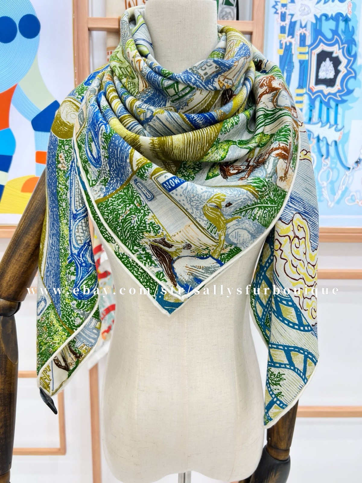 Sallys 70% Cashmere & 30% Silk Wrap Scarf City Print Double Face Shawl 53″ Green
