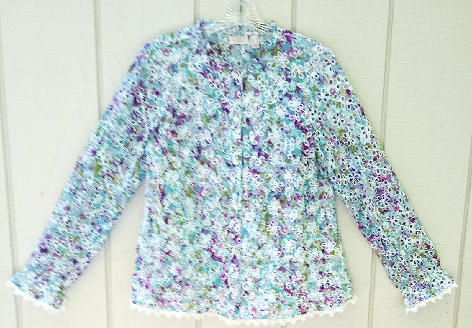 LOGO Size S Floral Lace Eyelet Cotton Gathered Long Sleeve Top Button-Up Women