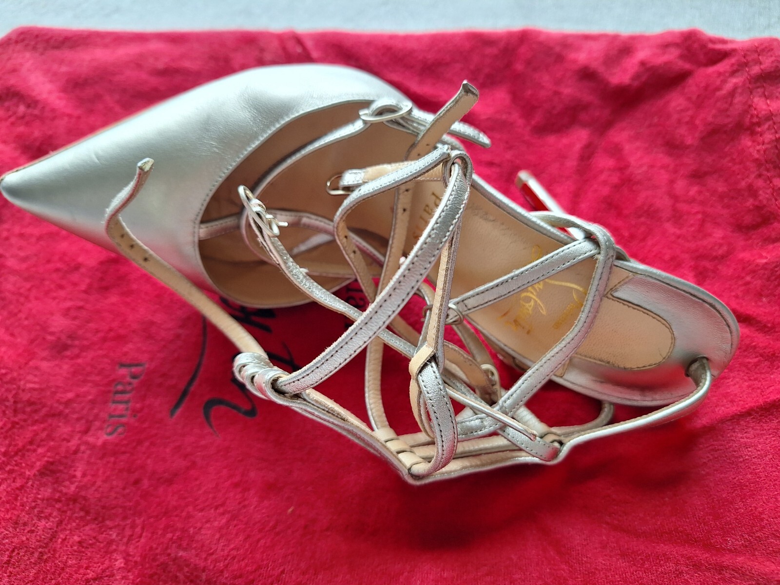 Authentic Christian Louboutin Gold Leather Kadreyana Caged Sandals Size 38