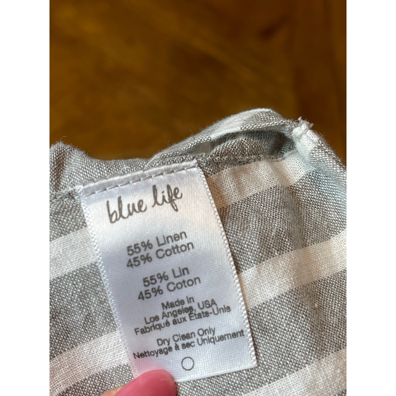 Blue Life Mila Tie Front Top Grey White Stripe Linen Cotton XS