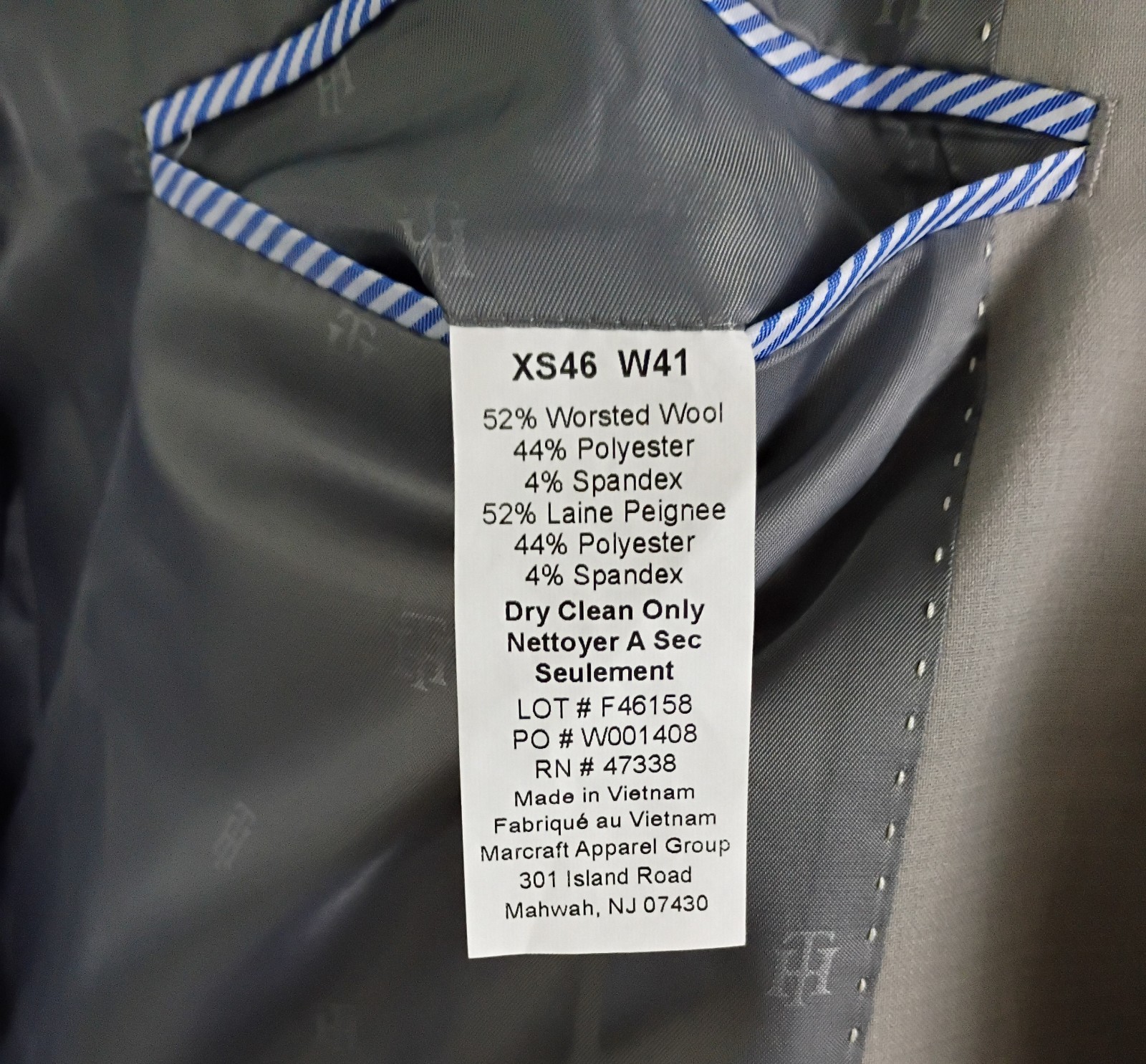 NEW Tommy Hilfiger Two Piece Light Gray Worsted Wool Suit 46XS Short Unhemmed