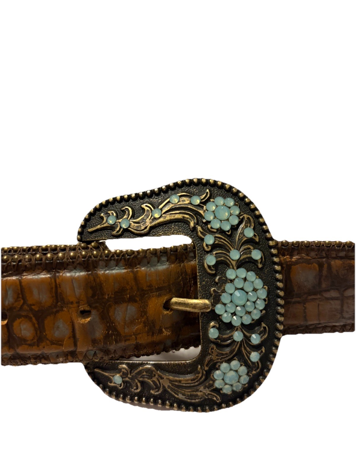 Ladies Western Italian Leather Belt With Studded Turquoise Floral Buckle XL