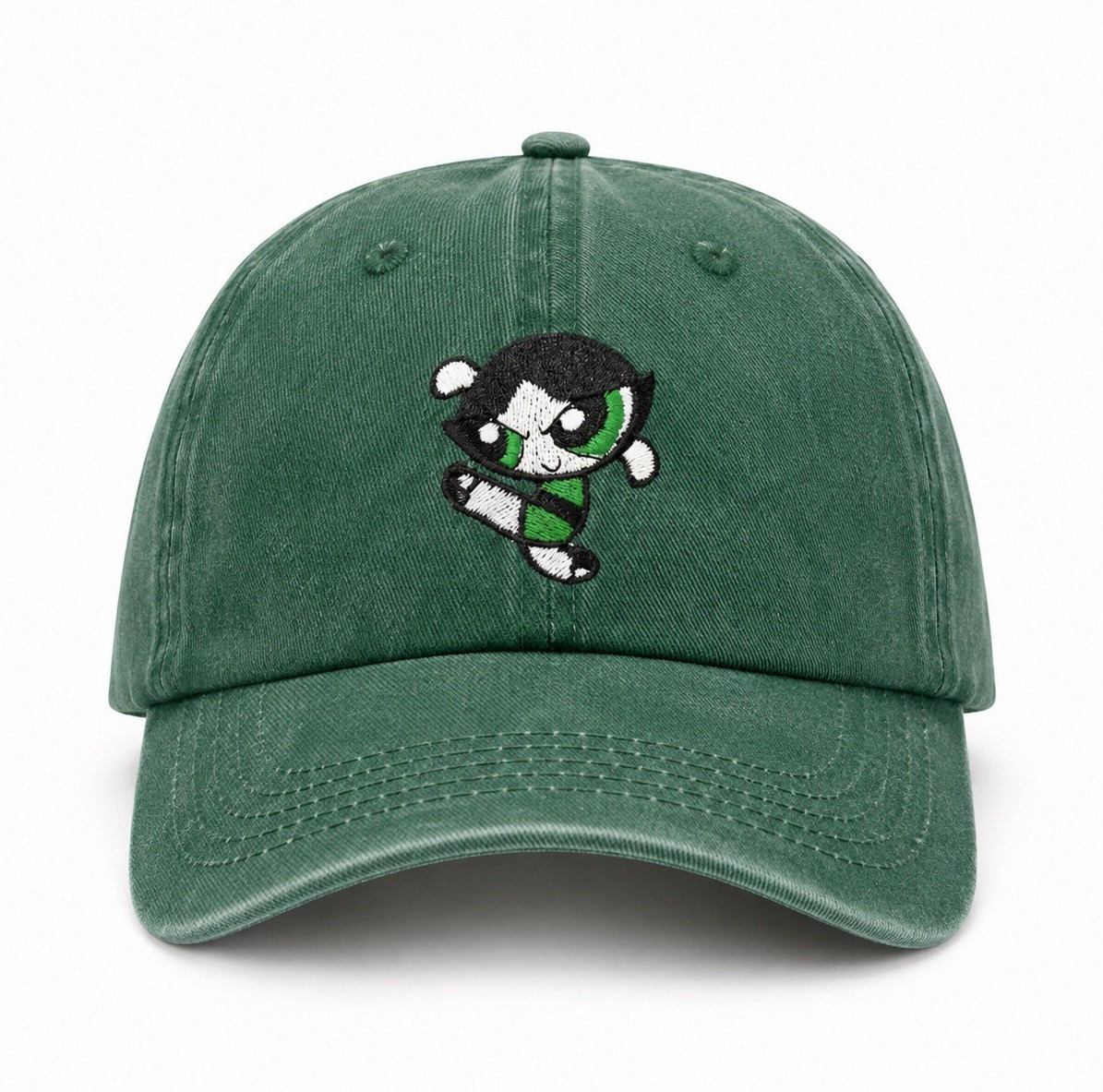 NEW Green Solid Baseball Cap Hat w/ Embroidere Cartoon Character, Power Puff