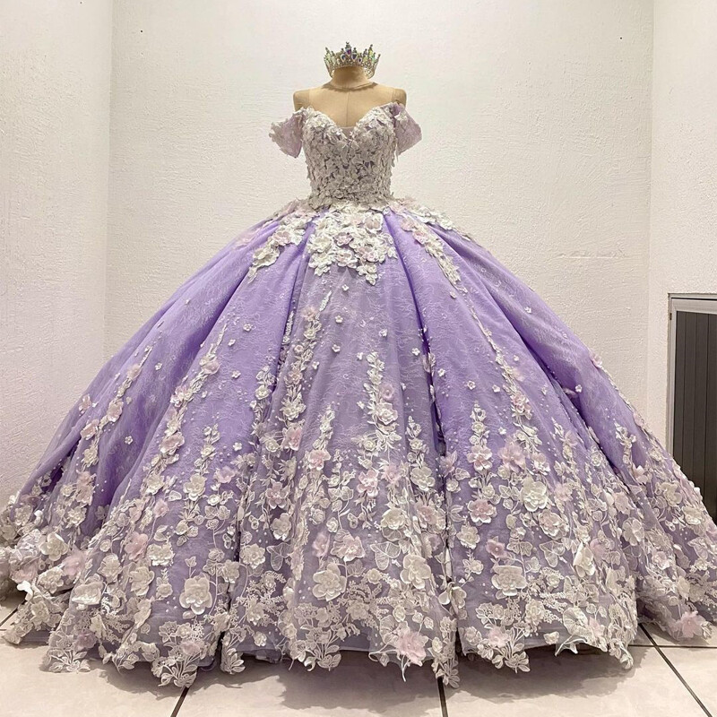 Lavender Quinceanera Dresses Ball Gowns Lace 3D Flowers Applique Sweet Princess