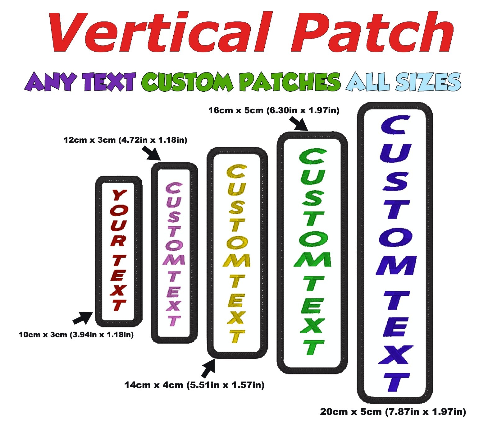 VERTICAL Black Personalised CUSTOM Name Text Numbers Embroidery Iron on _White