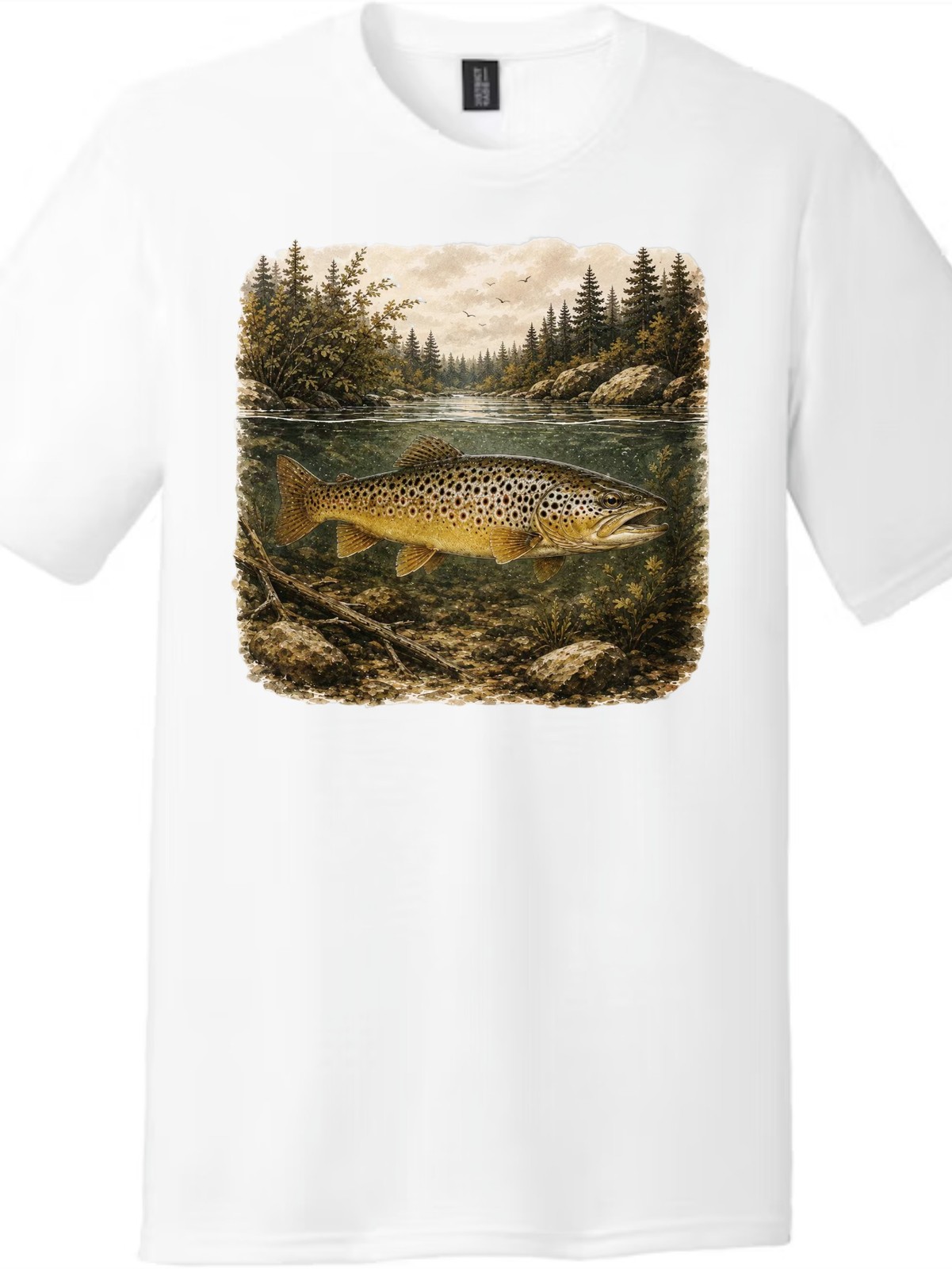 Retro Brown Trout Mountain River Art T‑Shirt Nature Outdoor Fisher Gift Tee