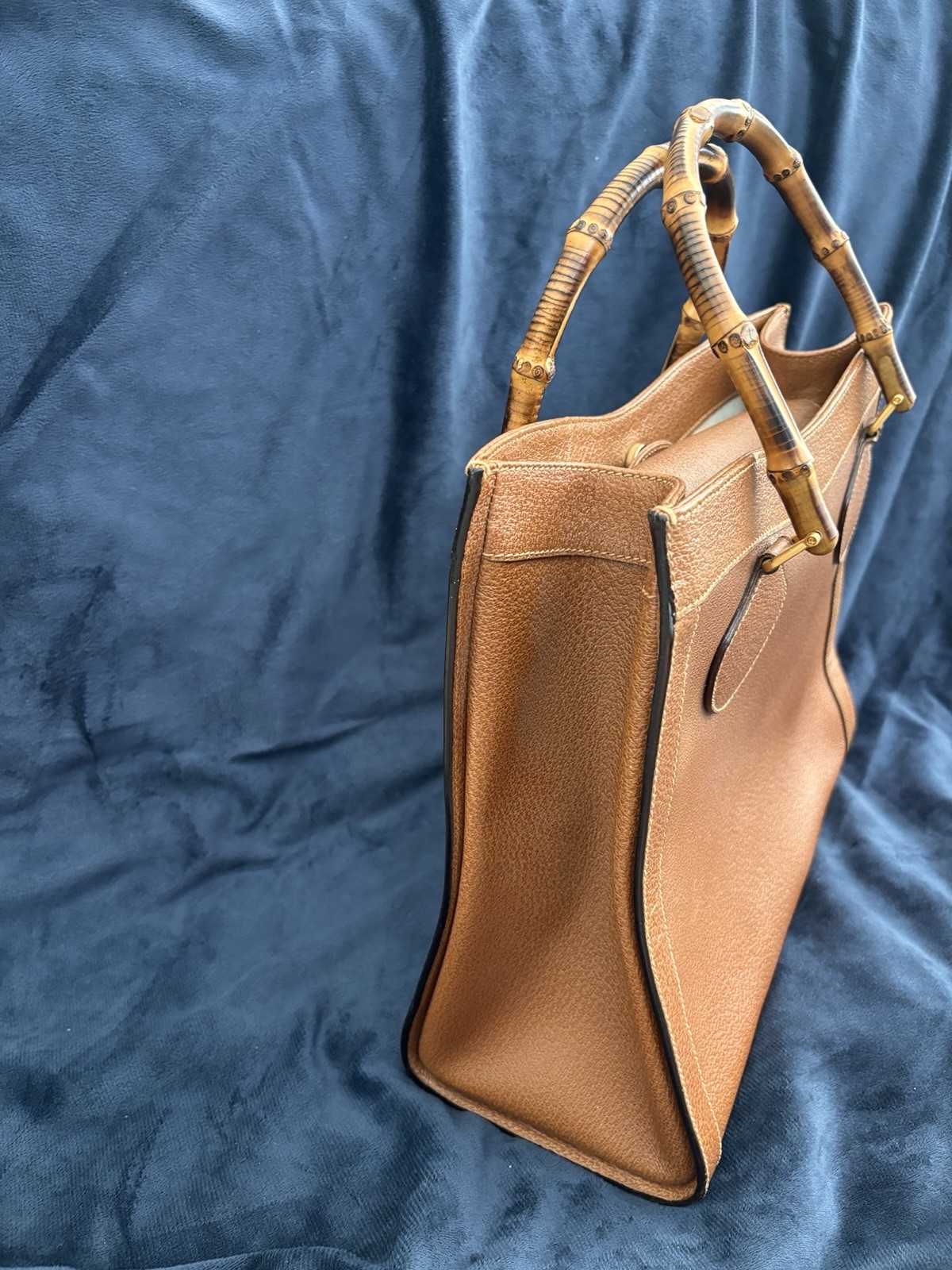 Gucci Brown Pebbled Bamboo Top Handle Tote, Zip/Push Lock, Gold Hardware