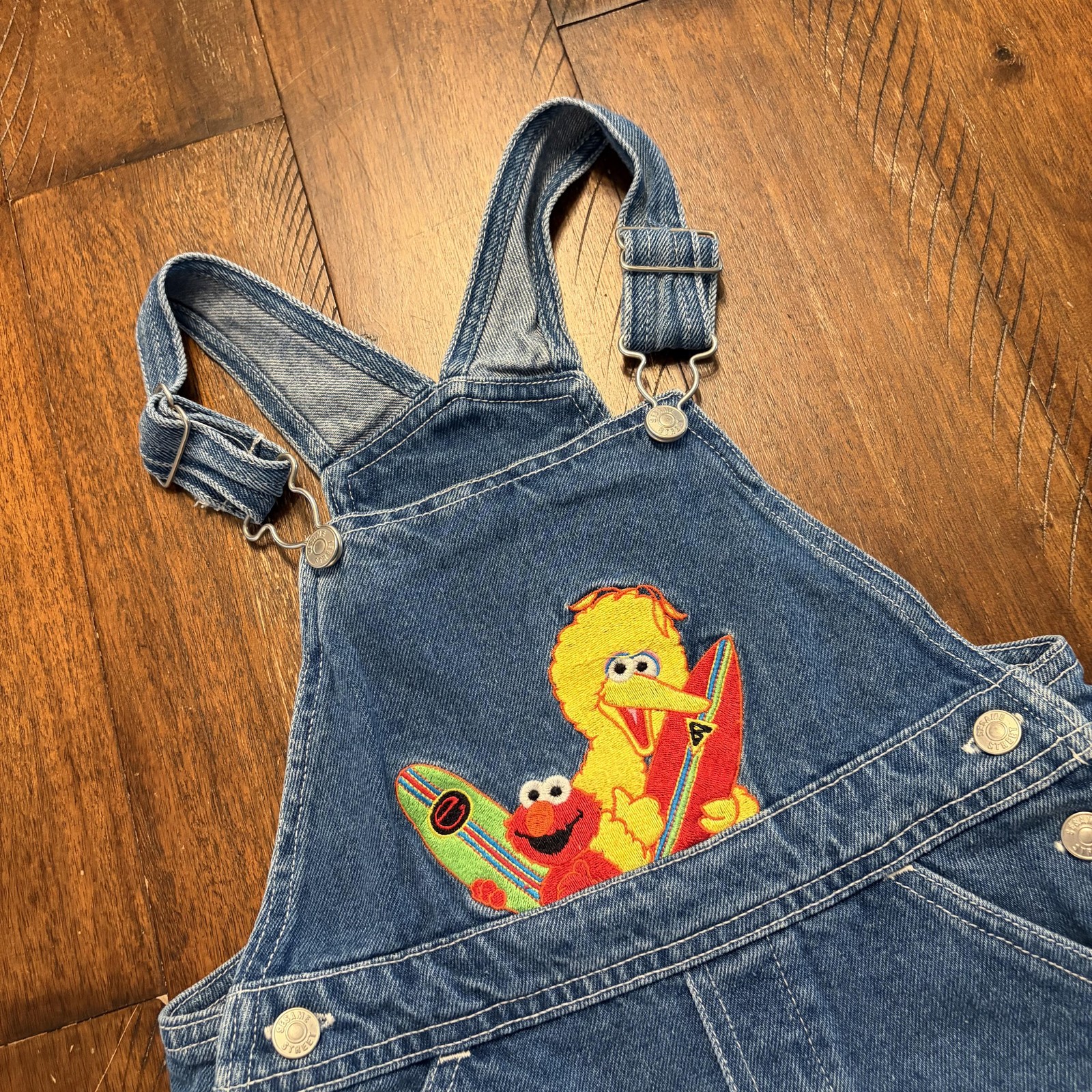 Sesame Street Shortall Kids 4T Blue Denim Big Bird Elmo Overalls Jeans