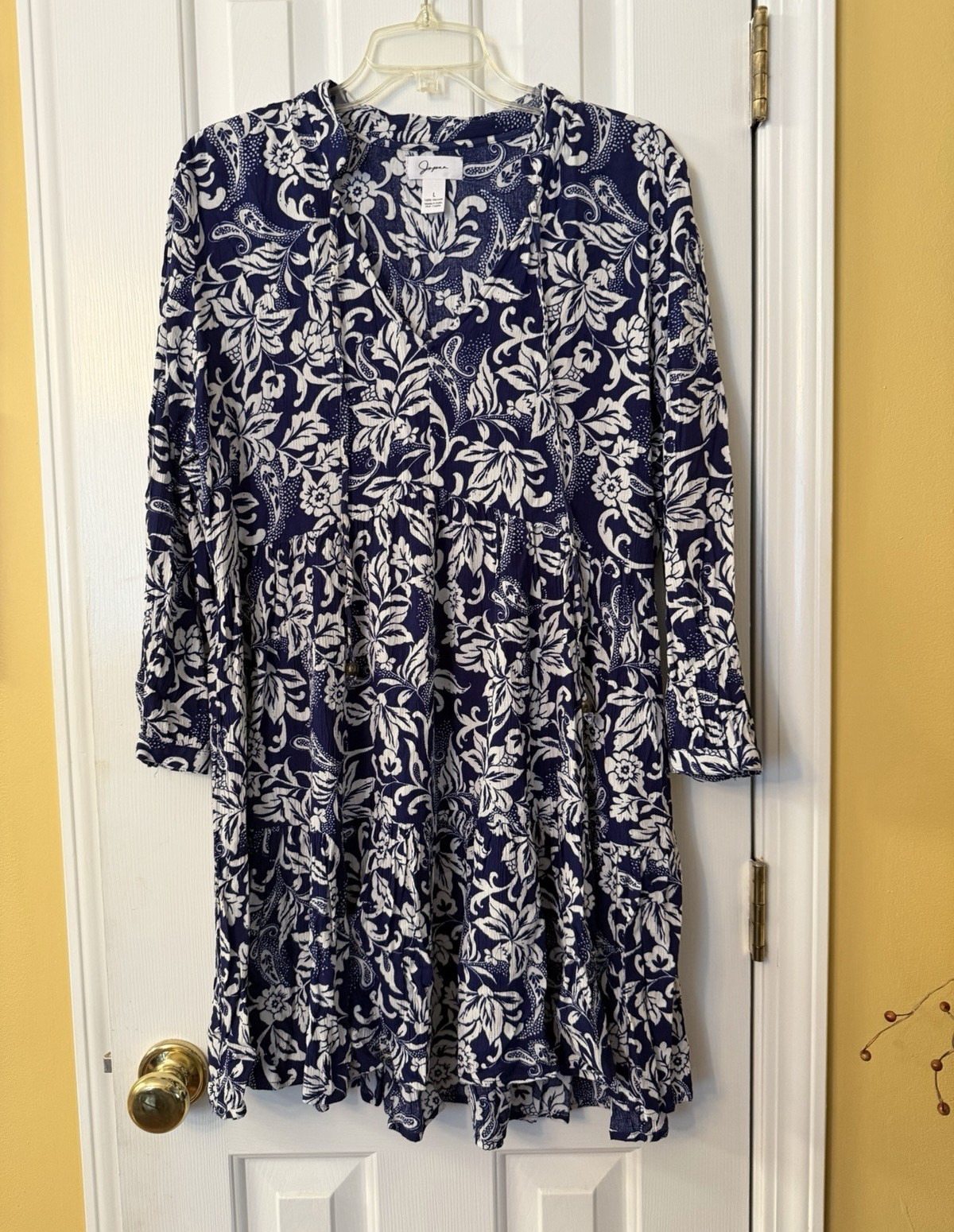 Japna Women’s L Blue/White Floral Long Sleeve Fit & Flare Viscose Short Dress