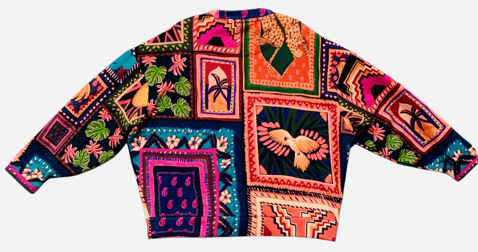 Farm Rio Patchwork Tapestry Sweatshirt Bird Cheetah Colorful Womens Small