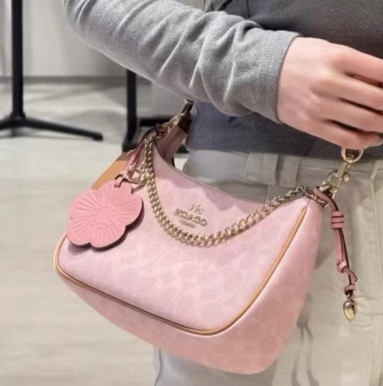 COACH CEA20 Teri Shoulder Bag Signature Canvas Pink Gold Crossbody Women NWT
