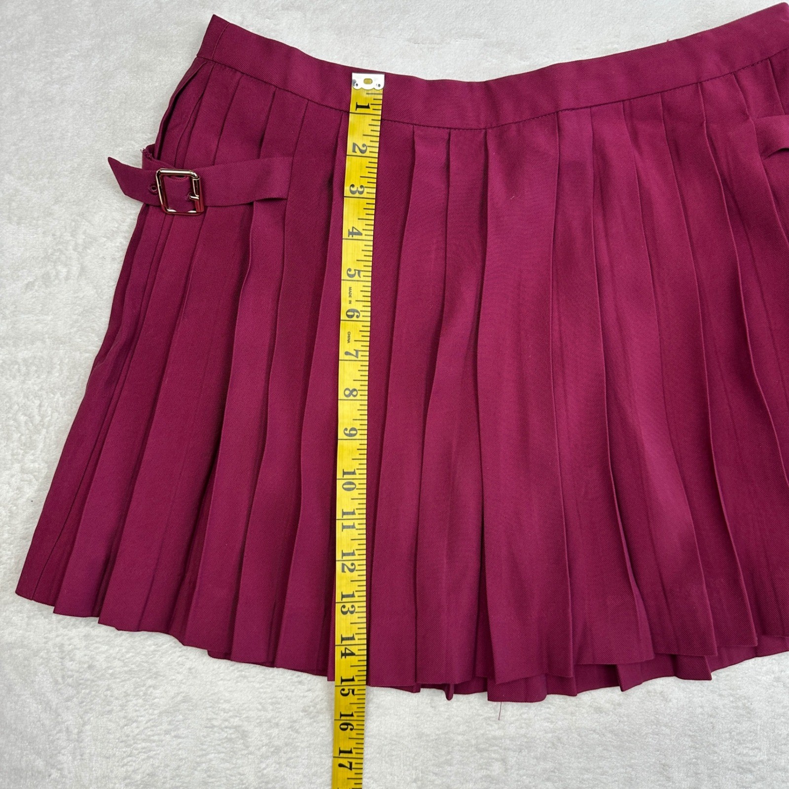 Mango MNG Burgundy Pleated Mini Skirt Side Buckles Wine Red Size M US 6