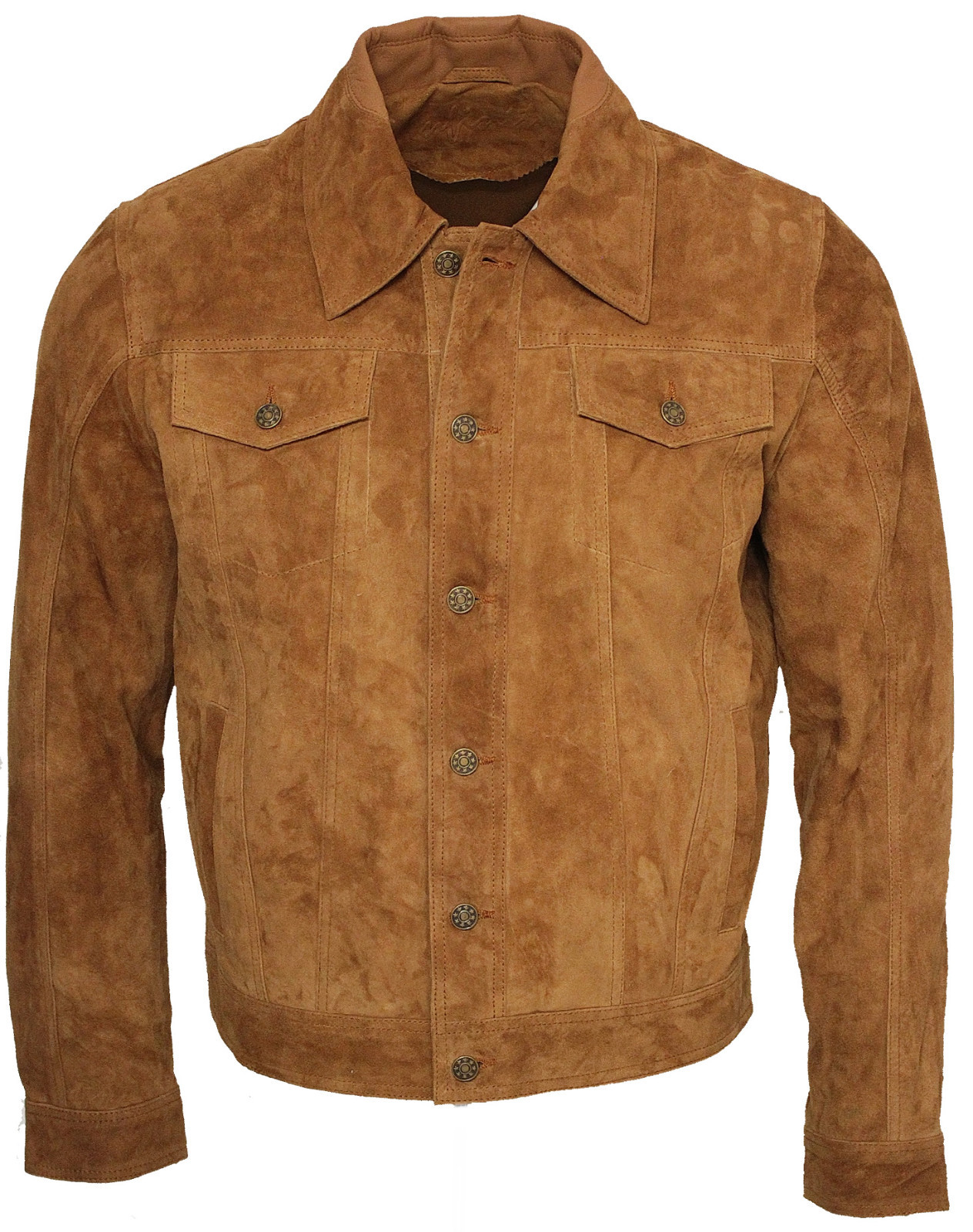 Men’s Trucker Casual Tan Goat Suede Leather Shirt Jeans Jacket