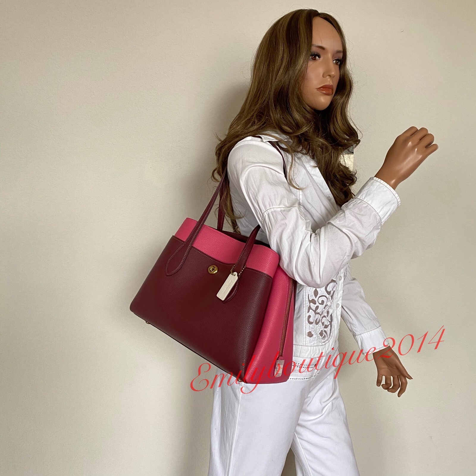 NWT Coach 654 Lora Carryall In Colorblock Wine Pink Pebble Leather Shoulder Bag