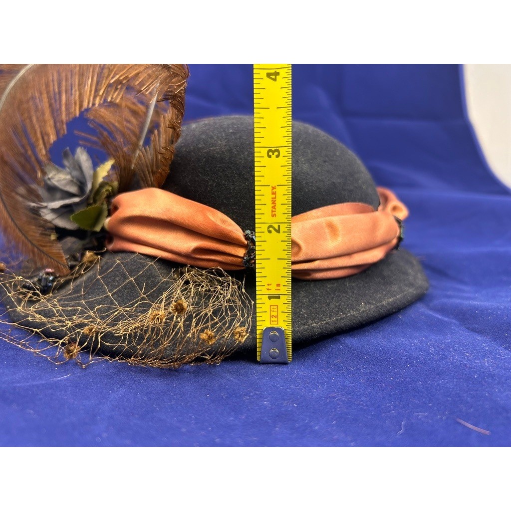 Vintage 40s 50s Best & Co NY Black Felt Hat Veil Feather Cocktail Hat
