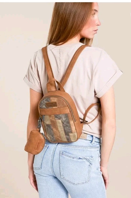 Wrangler Mini Denim Patchwork Backpack w/ Coin Purse Zip Brown Blue