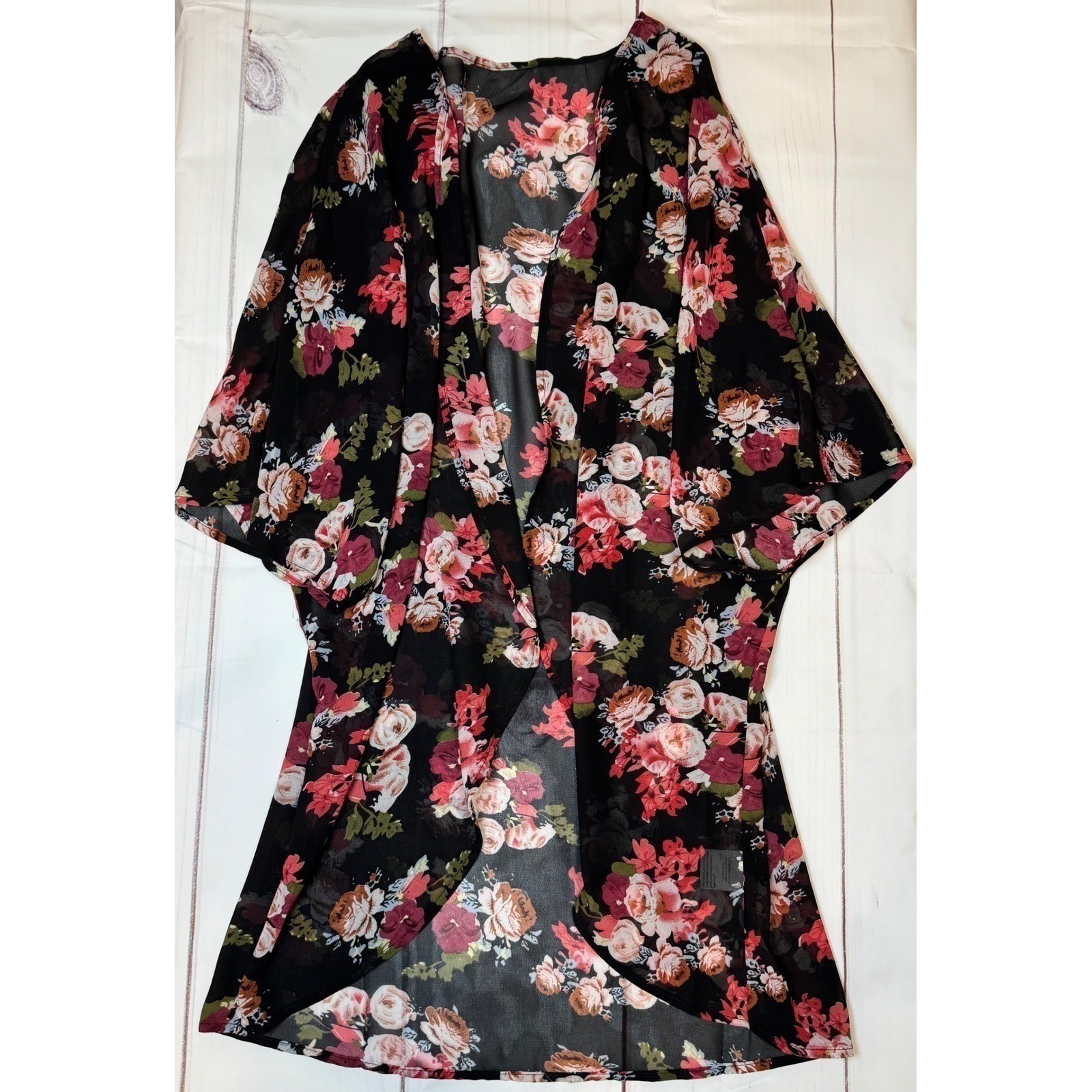 Floral & Black Chiffon (Sheer) Cardigan / Medium / Sku0005