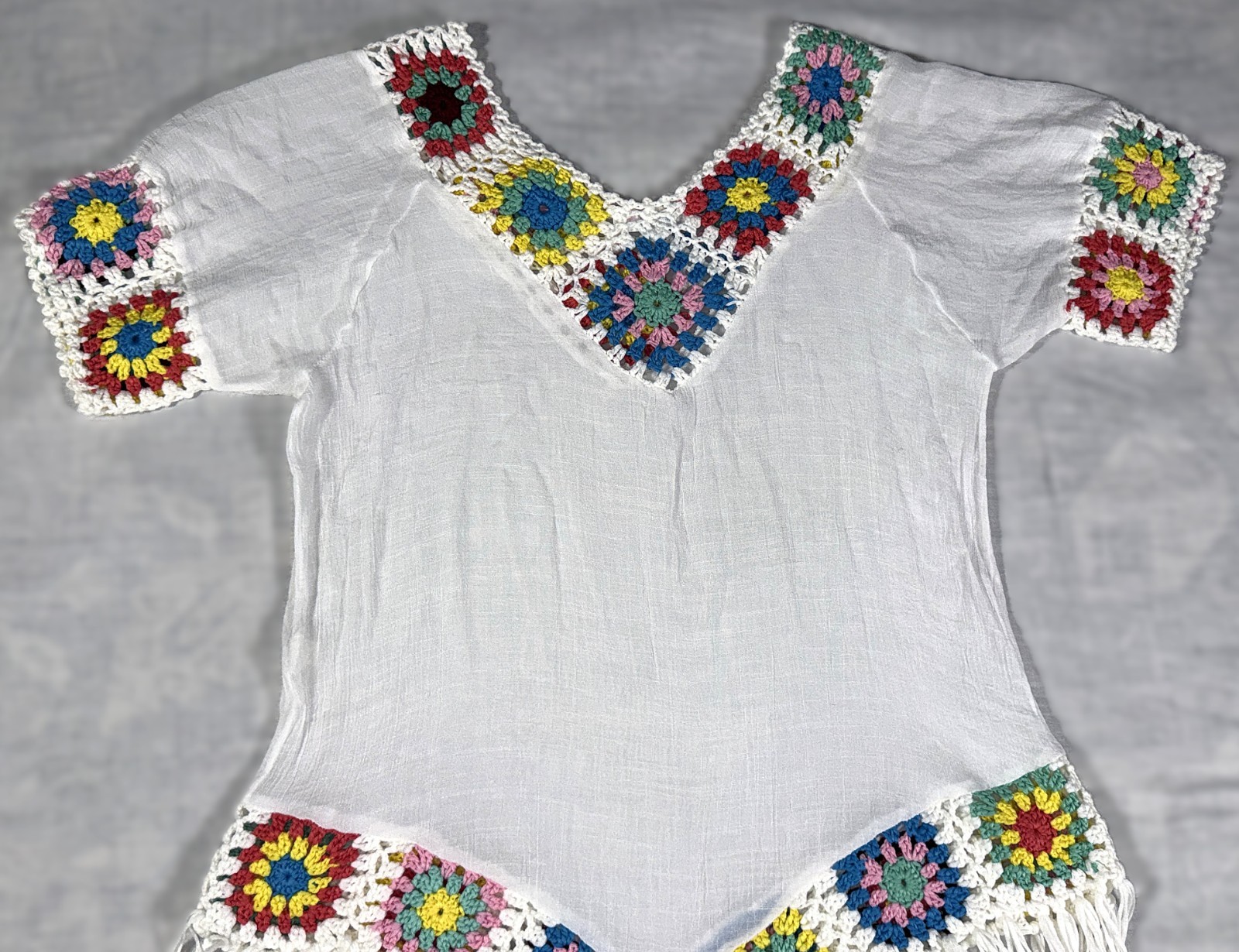India Boutique Gauze Crochet Granny Square Boho Tunic Beach Cover-Up Top M/L 1SZ