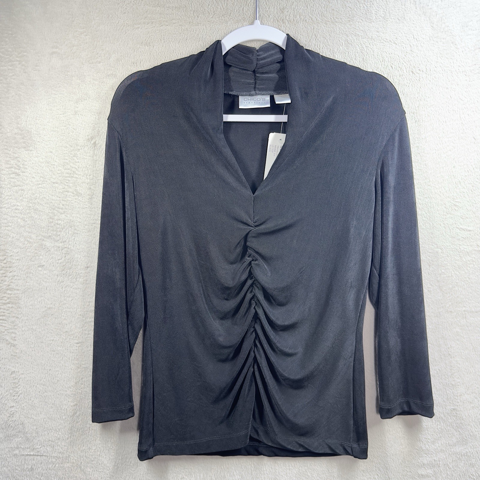 Chico’s Travelers Rainie 3/4 Sleeve Slinky Knit Size M Black Ruching NWT