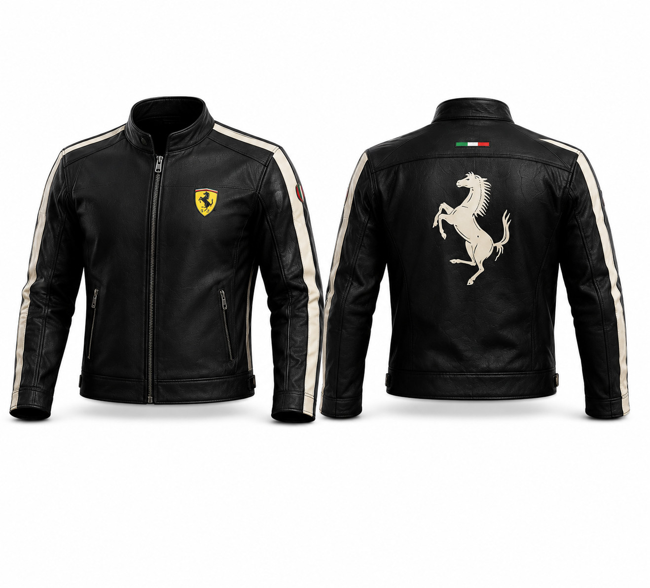 Ferrari Inspired Black Leather Racing Jacket Men’s Motorcycle Biker Cafe Racer C