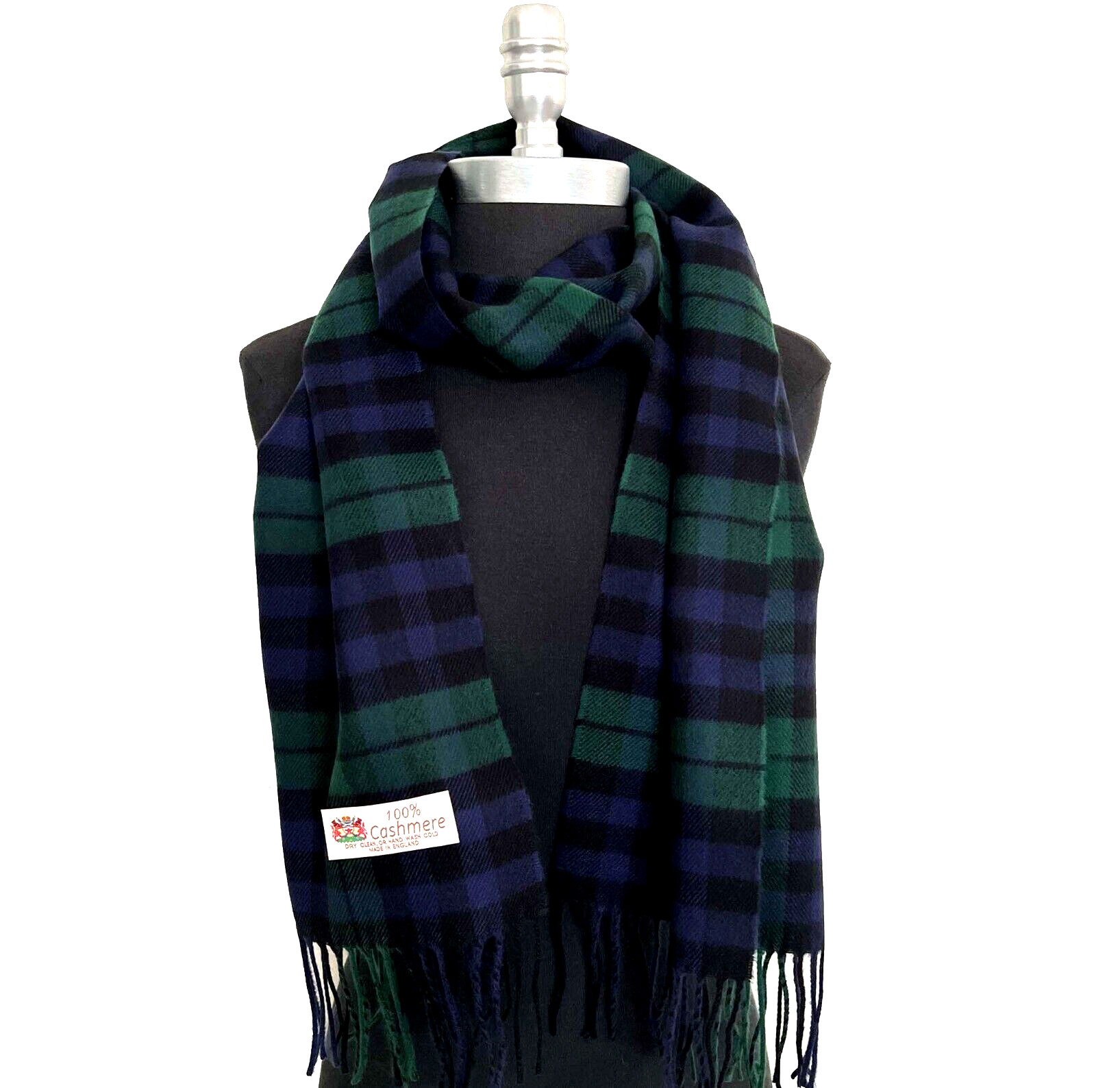 100% CASHMERE SCARF Made in England Soft Wool Wrap Plaid Green/Black/Navy #L101