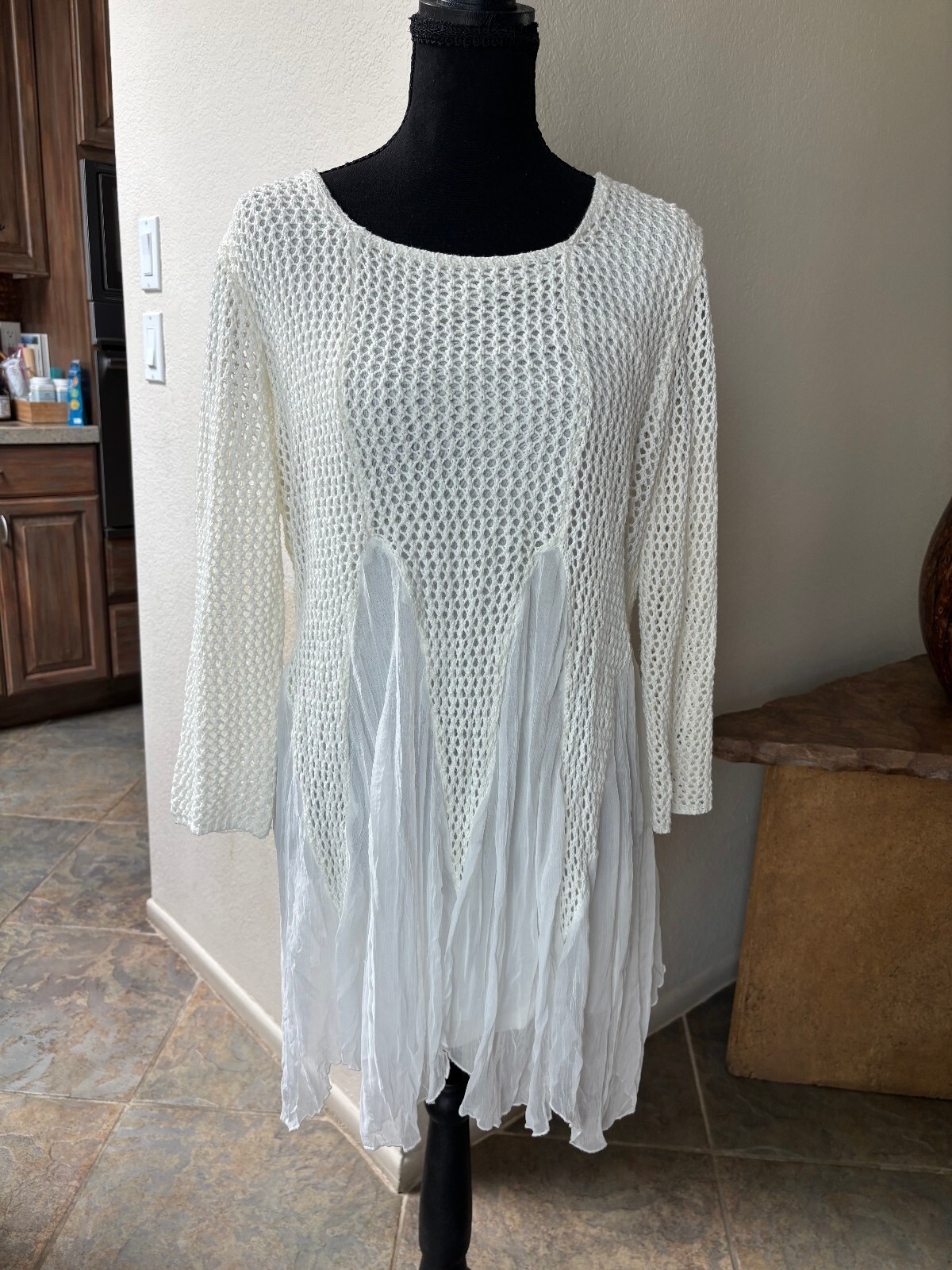 Cristina V White Crochet Open Knit Tunic – Fairycore Layering Dress Medium