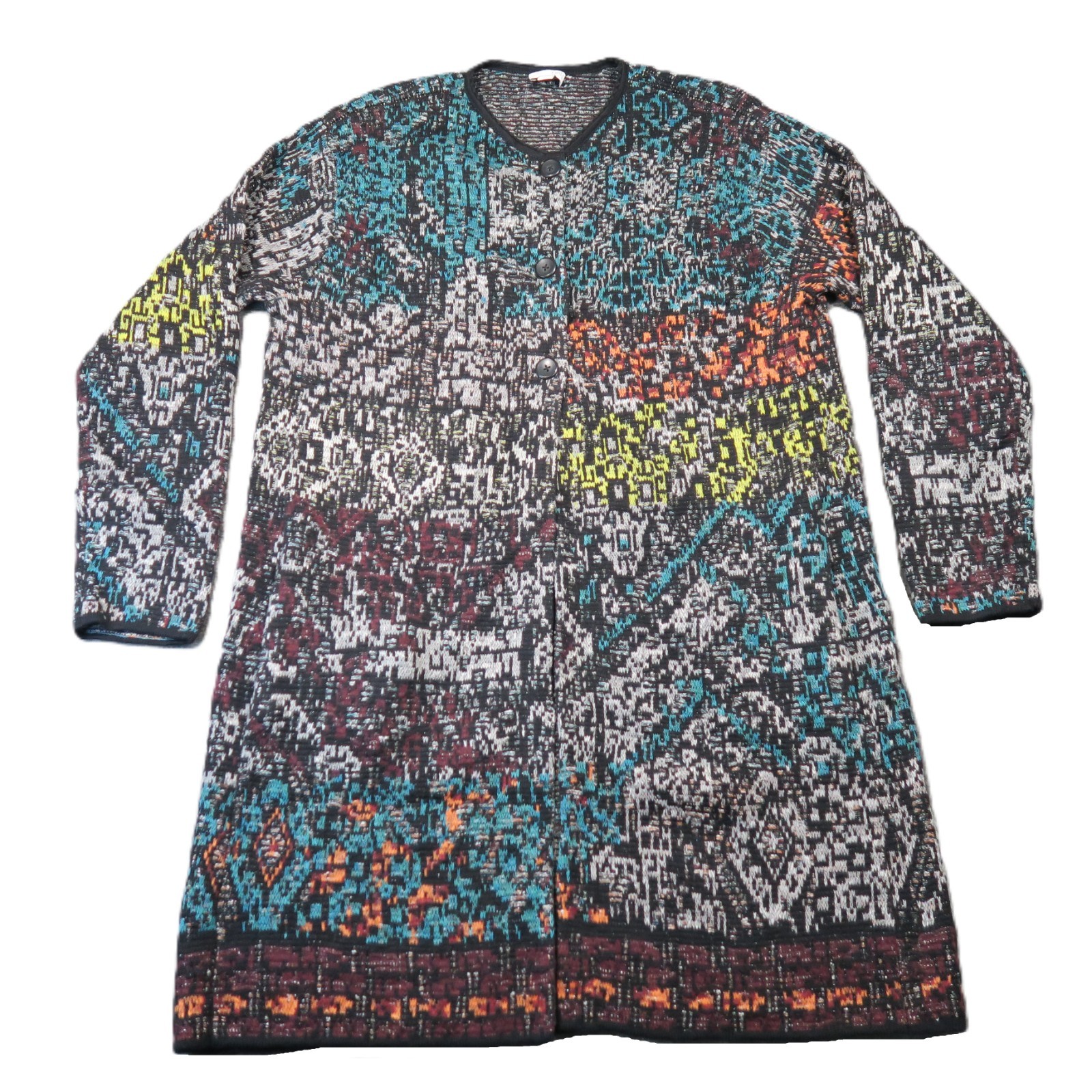 J Jill Duster Cardigan L Coatigan Jacquard Wool Blend Knit Colorful Boho Artsy
