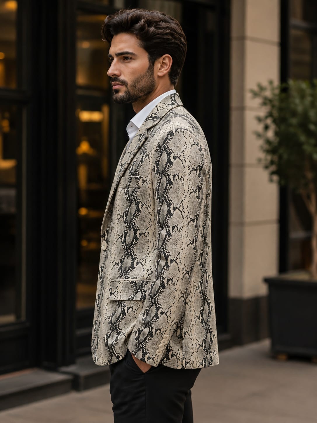 Mens Leather Coat Snake Skin Print Blazer Jacket Python Print Party Coat Premium