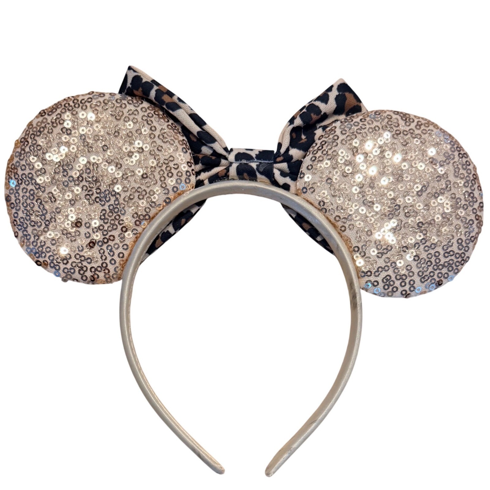 Disney Parks Minnie Mouse Ears Headband Champagne Gold Sequin Leopard Print Bow