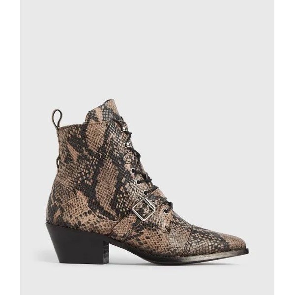 AllSaints Katy Snakeskin Leather Buckle Boots Brown Black Pointed Toe Size 40