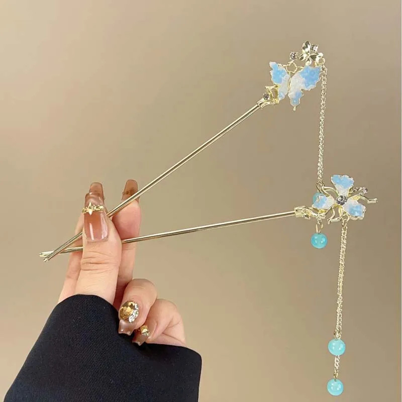Exquisite Blue Crystal Star Moon Hair Stick for Women Girls Chinese Style Fl