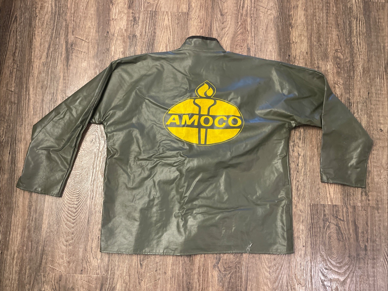 VTG Neese AMOCO Logo PVC/Polyester Rain Jacket Coat Unisex sz L Full Zip Green