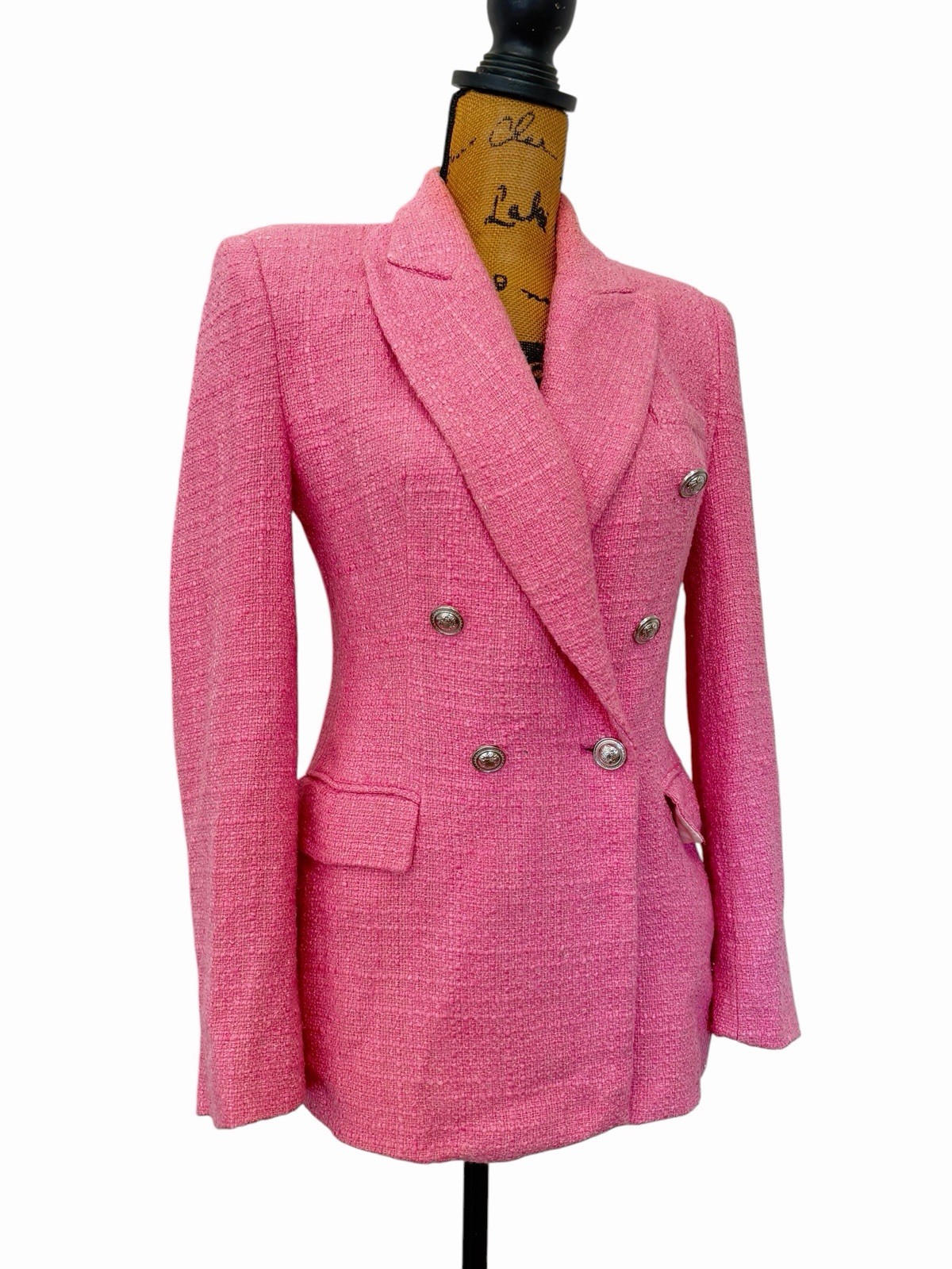 Zara Pink Tweed Textured Double Breasted Blazer Size S Blogger Favorite