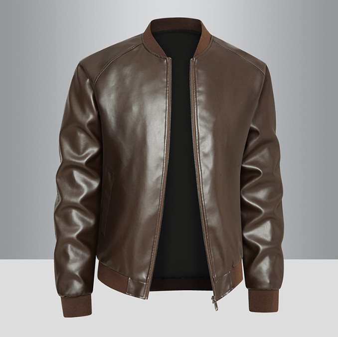 Men Faux Leather Outerwear Motorcycle Jacket Casual Stand Collar PU Biker Coats