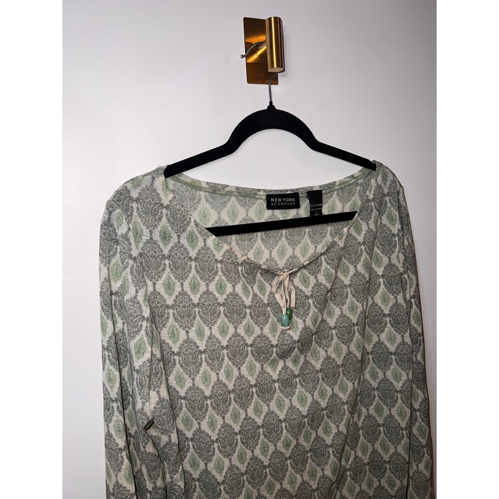 Vintage Y2K Boho Peasant Damask Green Long Sleeve Beaded Tassle Top- Large