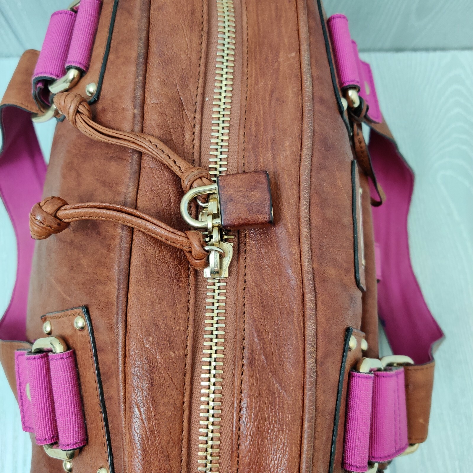 Alessandro Dell Acqua Leather Satchel in Cognac with Fuchsia Trim