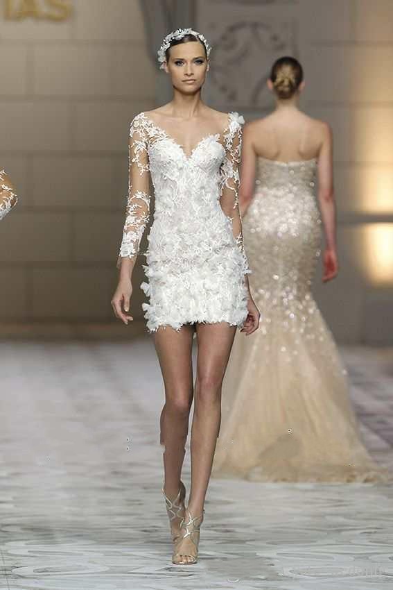 Long Sleeve Short Lace Wedding Dress Bridal Gown Custom Size 2 4 6 8 10 12 14 16